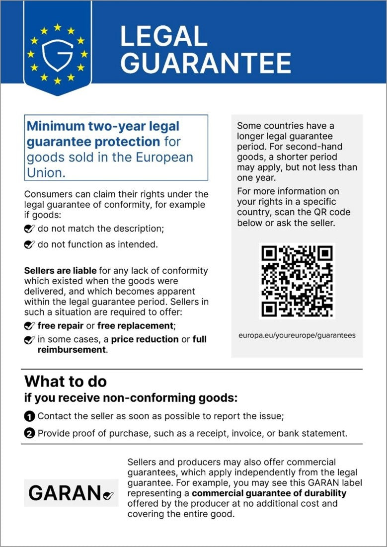 A bilingual English and German 'L23 Guarantee' informational card with a blue header, text blocks, a QR code, and a small GARAN logo at the bottom.